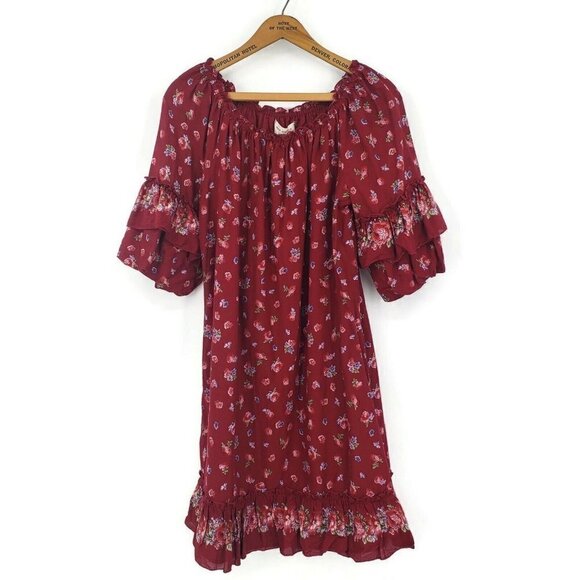 New Max Studio London Peasant Dress Womens Small Burgundy Floral Off Shoulder - Picture 1 of 5